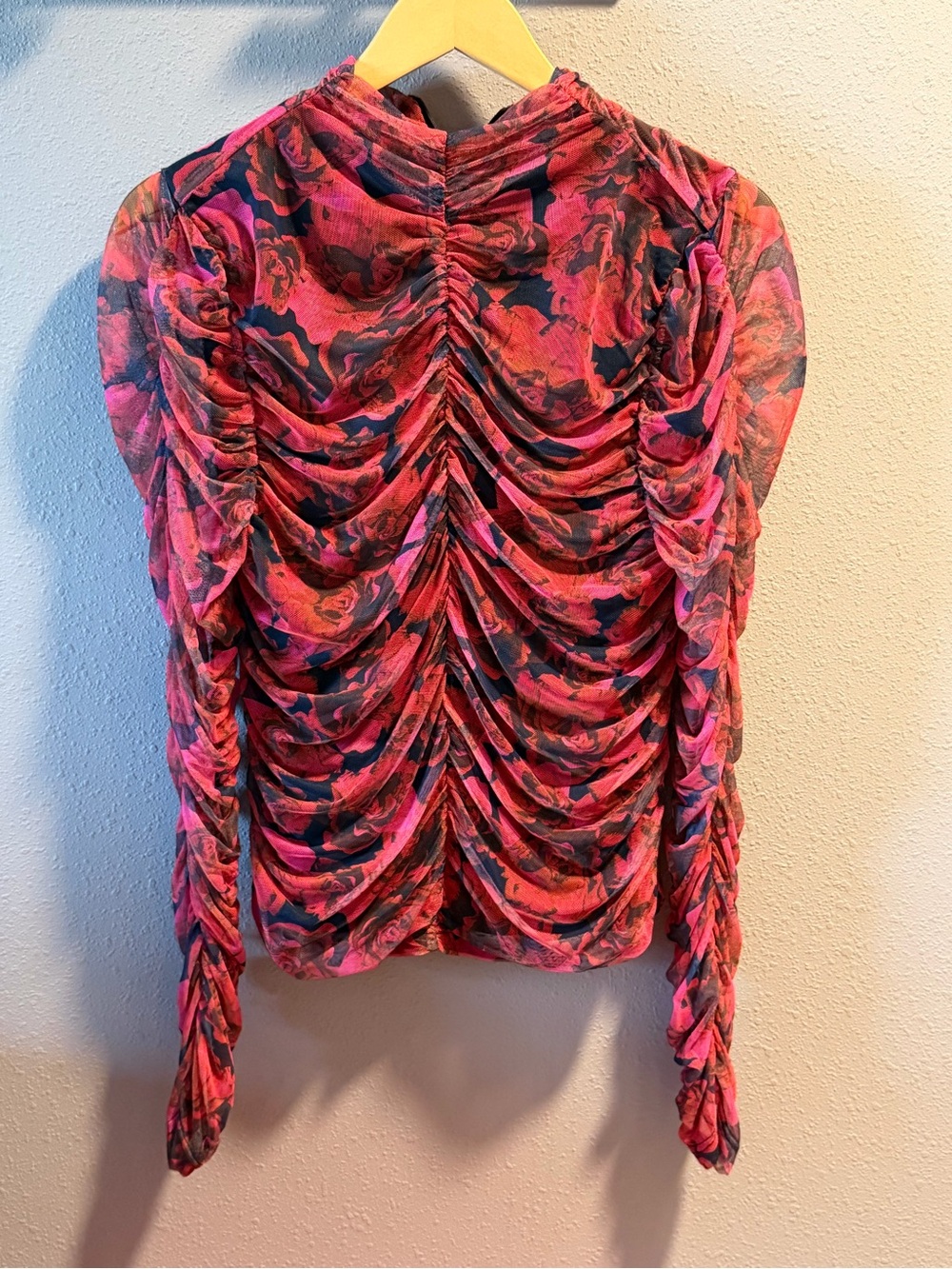 bagatelle Red Floral Ruched Long-Sleeve Mesh Top - Picture 3 of 4